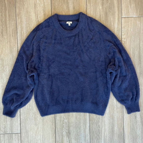 Aerie Sweater Women L Navy Fuzzy Fluffy Soft Pullover Crewneck Cozy Knit Top - Picture 1 of 9